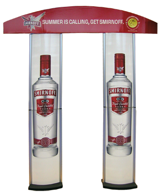 corrugate, screen-print, MDF, back-drop, backdrop, aluminum frame, header, adjustable, liquor, Smirnoff