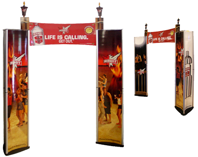 corrugate, screen-print, MDF, back-drop, backdrop, aluminum frame, header, adjustable, liquor, Smirnoff