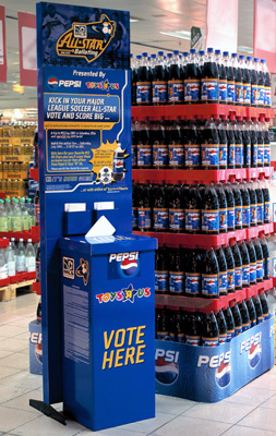 interchangeable, screen-print, litho print, plastic feet, uv-varnish, easy assembly, coupons, pepsi, Toys R Us