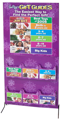 screen print, litho print, plastic feet, metal feet, UV-varnish. easy assembly, brochure holders, coupons