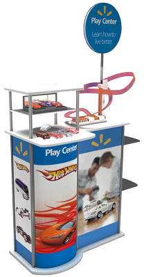 modular MDF & alumunum construction, digital graphics, easy assembly, dimensional header