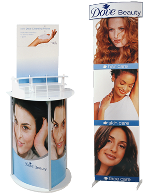 modular MDF & alumunum construction, digital graphics, easy assembly, styrene shelves, modular corrugate standee