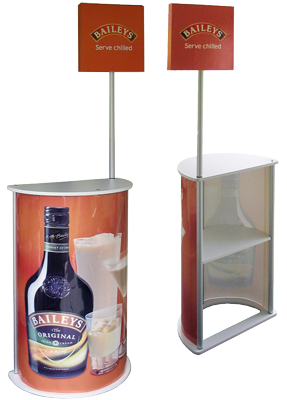 modular MDF & alumunum construction, digital graphics on poly carbonate shell, easy assembly, dimensional header