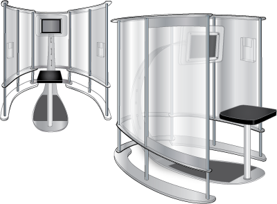 curved powder-coated steel seat section with iPad, MDF, steel, & alumunum adjustable enclosure with frosted acrylic panels, brochure holders