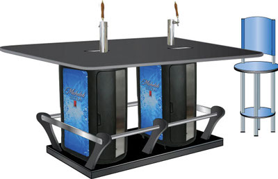 2 coolers with taps, powder-coated MDF top & base, aluminum foot rests