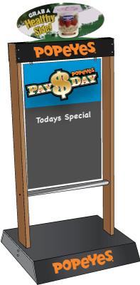 digitally printed ACM base, wood sides, printed chalk-board sign which swings, styrene header