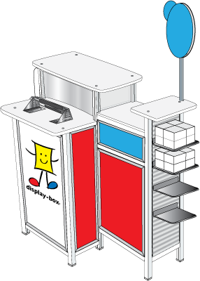 constructed with MDF, wood,digitally printed  styrene, modular aluminum poles, header, inside storage