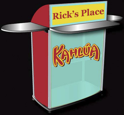 constructed with MDF, digitally printed  styrene, modular aluminum poles, side wings, inside storage