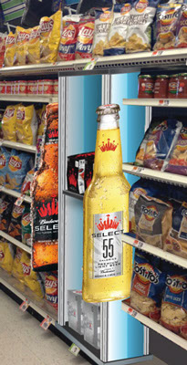 MDF base & shelves, digitally printed  styrene, modular aluminum poles