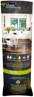 printed graphic sleeve, inside corrugate support box, powder-coated MDF base & supports, ships compact, no-tool assembly