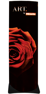 printed graphic sleeve, inside corrugate support box, powder-coated MDF base & supports, ships compact, no-tool assembly