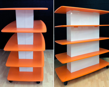 powder-coated MDF, adjustable shelves, ACM body, easy assembly, casters